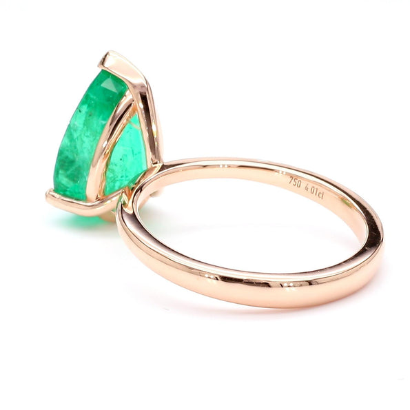 4.01 Carat Pear Cut Rich Green Emerald Solitaire 18K Rose Gold Ring