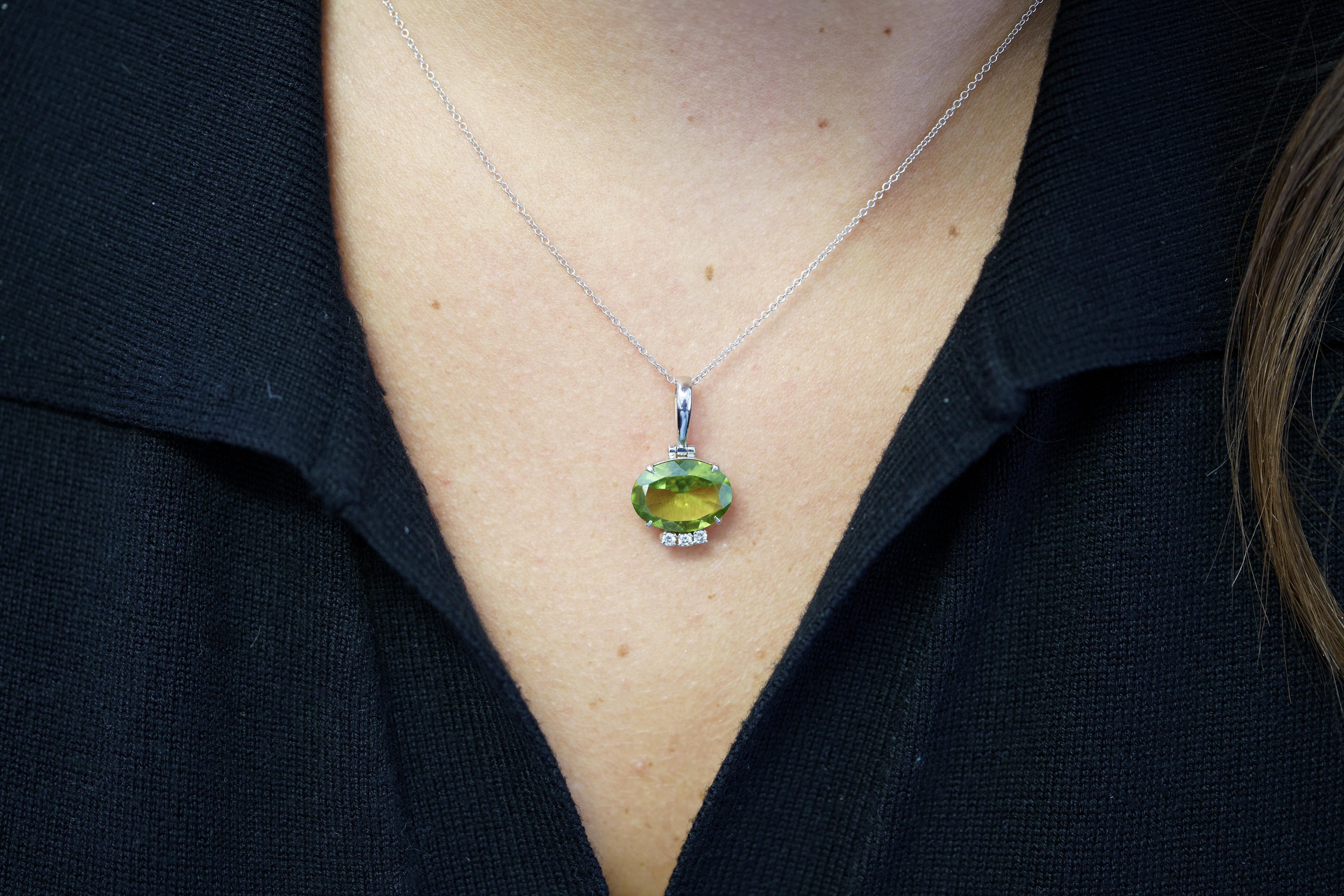4.09 Carat Peridot Pendant Necklace in 18K White Gold Cable Chain