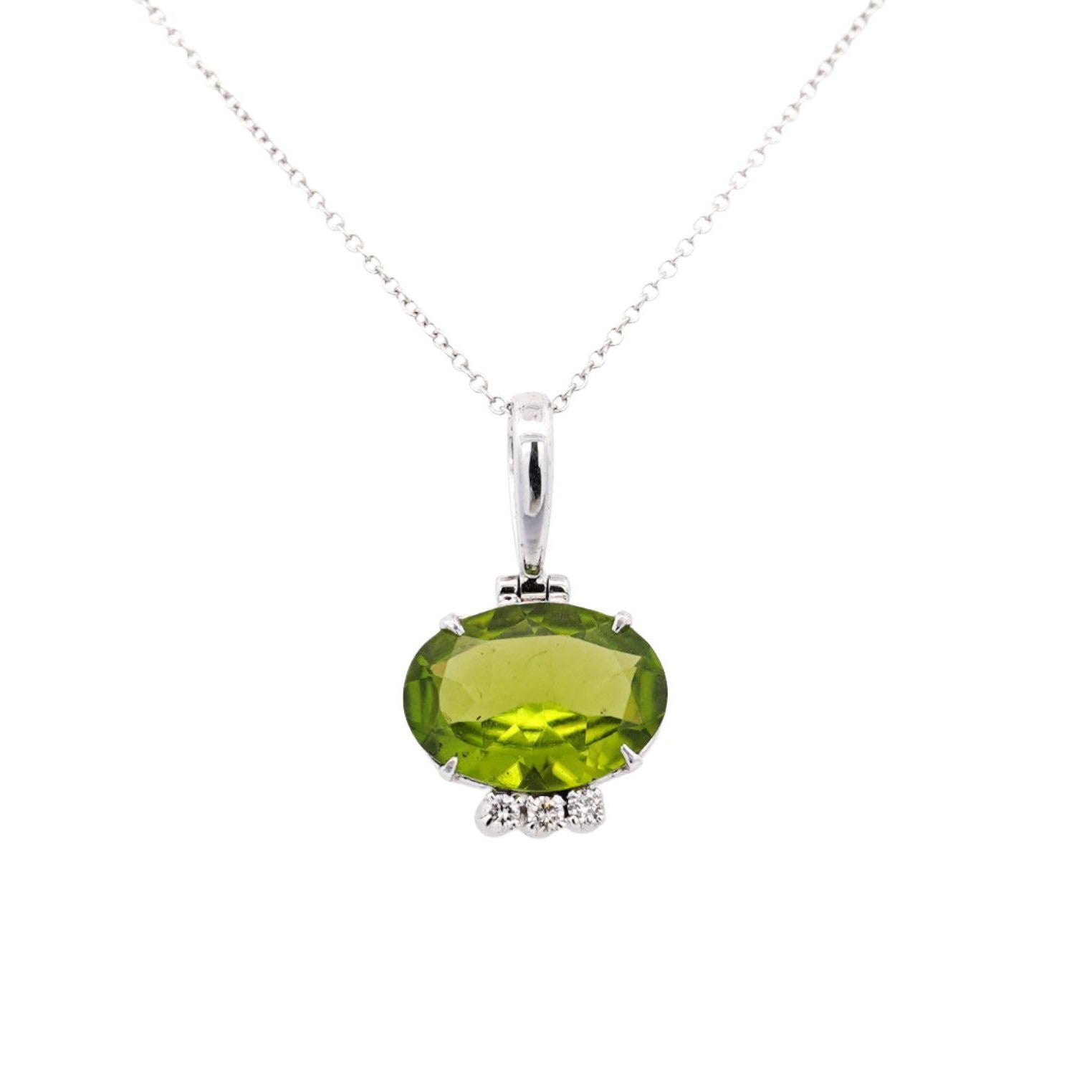 4.09 Carat Peridot Pendant Necklace in 18K White Gold Cable Chain