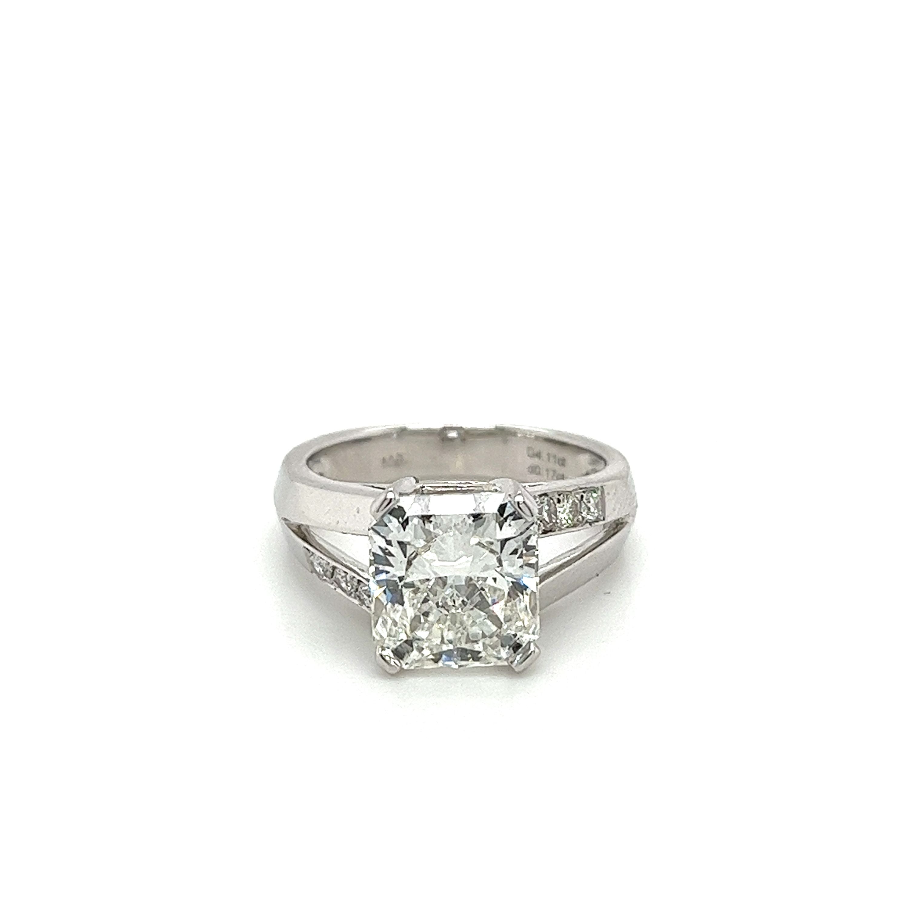 4.11 Carat Radiant Cut Lab Grown Diamond CVD in 14K White Gold Split-Shank Semi-Mount Diamond Side Stones-Diamond Ring-ASSAY