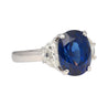 4.22 Carat Vivid Blue Oval Cut Sapphire & Diamond 3 Stone Ring