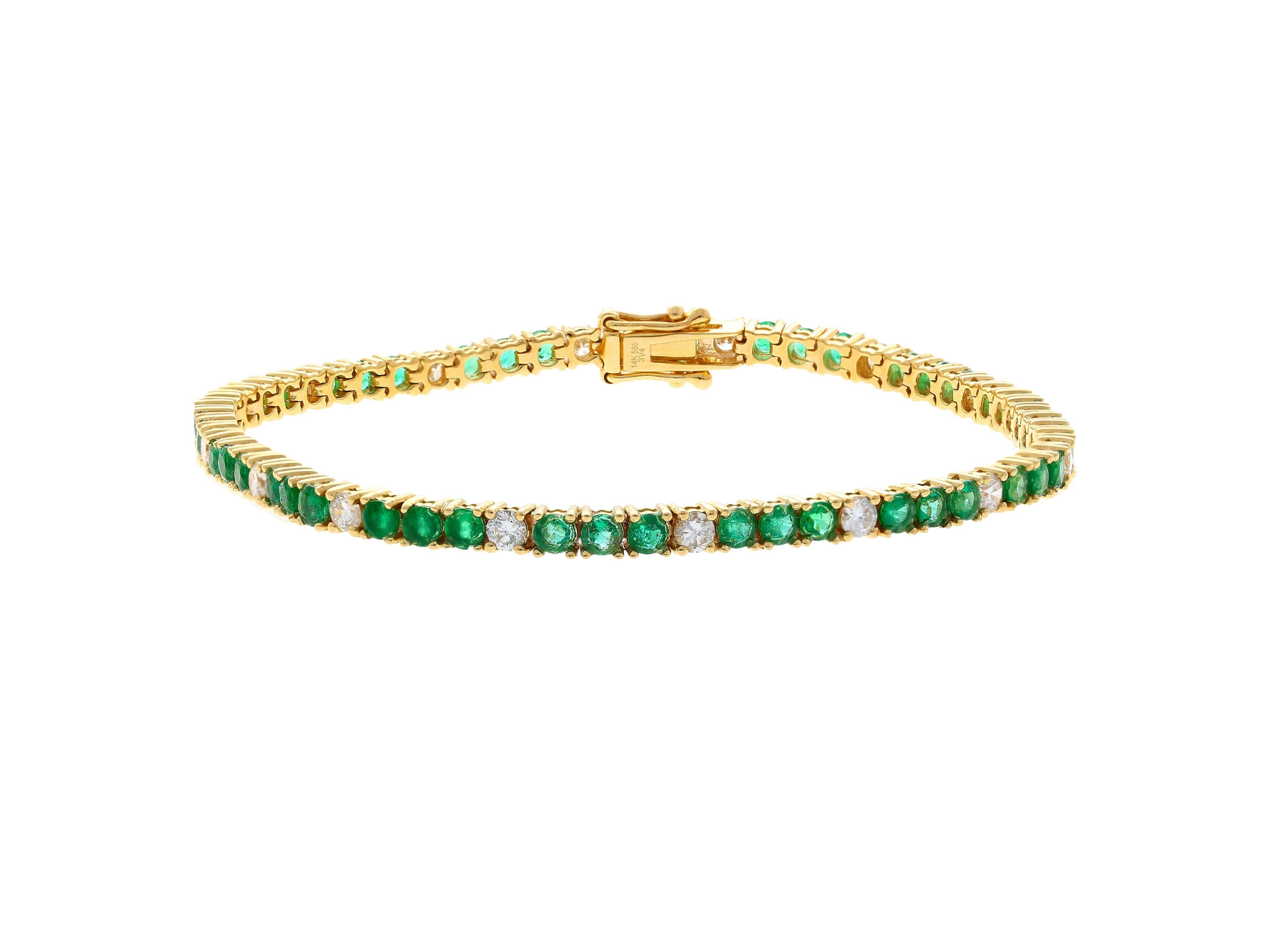 4.26 Carat Emerald and Diamond Tennis 4 Prong Bracelet In 14K Gold