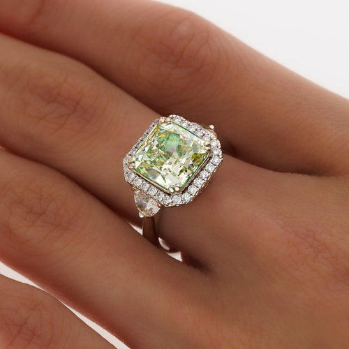 4.26 Carat Radiant Cut Fancy Yellowish Green SI1 Clarity Diamond Ring