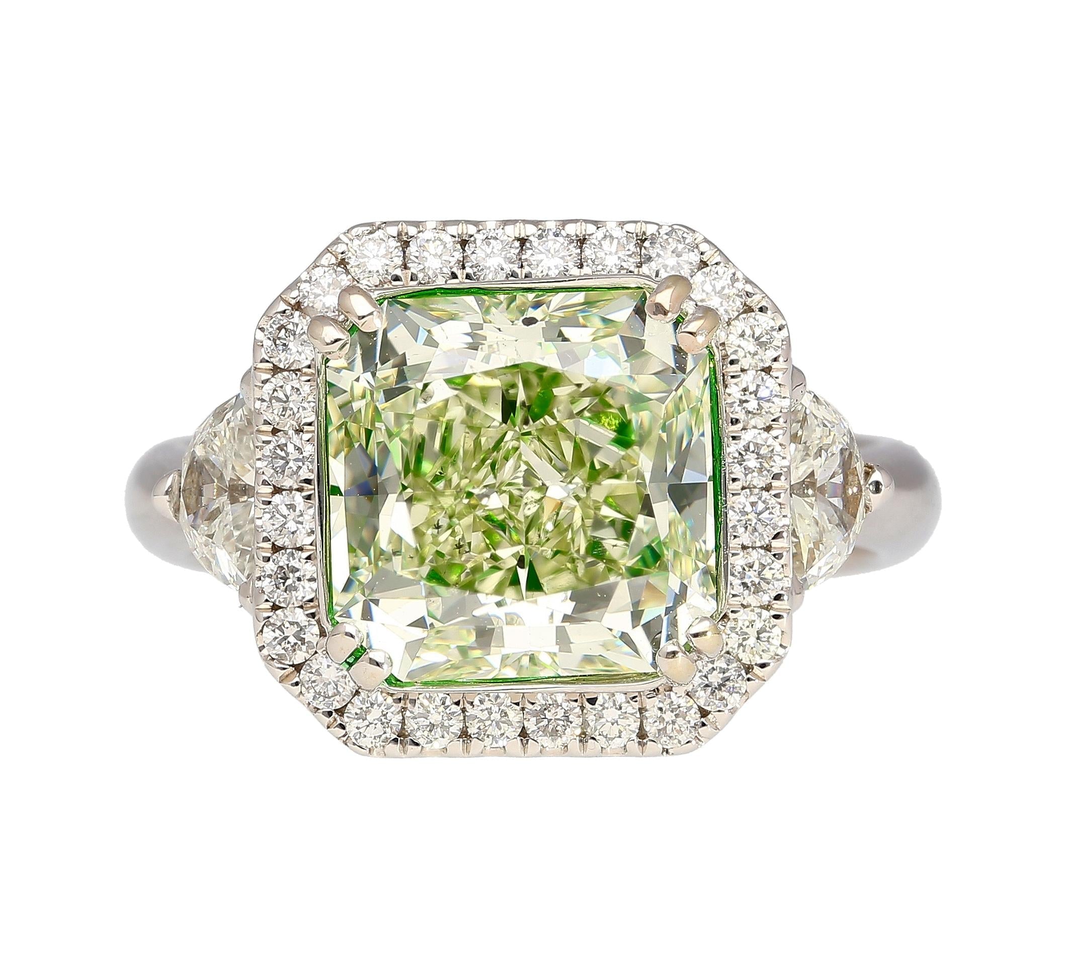 4.26 Carat Radiant Cut Fancy Yellowish Green SI1 Clarity Diamond Ring