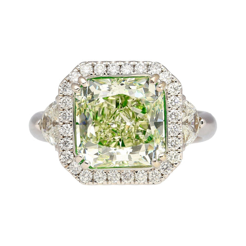 4.26 Carat Radiant Cut Fancy Yellowish Green SI1 Clarity Diamond Ring