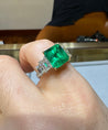 4.26 Carat Vivid Green Colombian Muzo Mine Emerald & Emerald Cut Side Diamond Ring