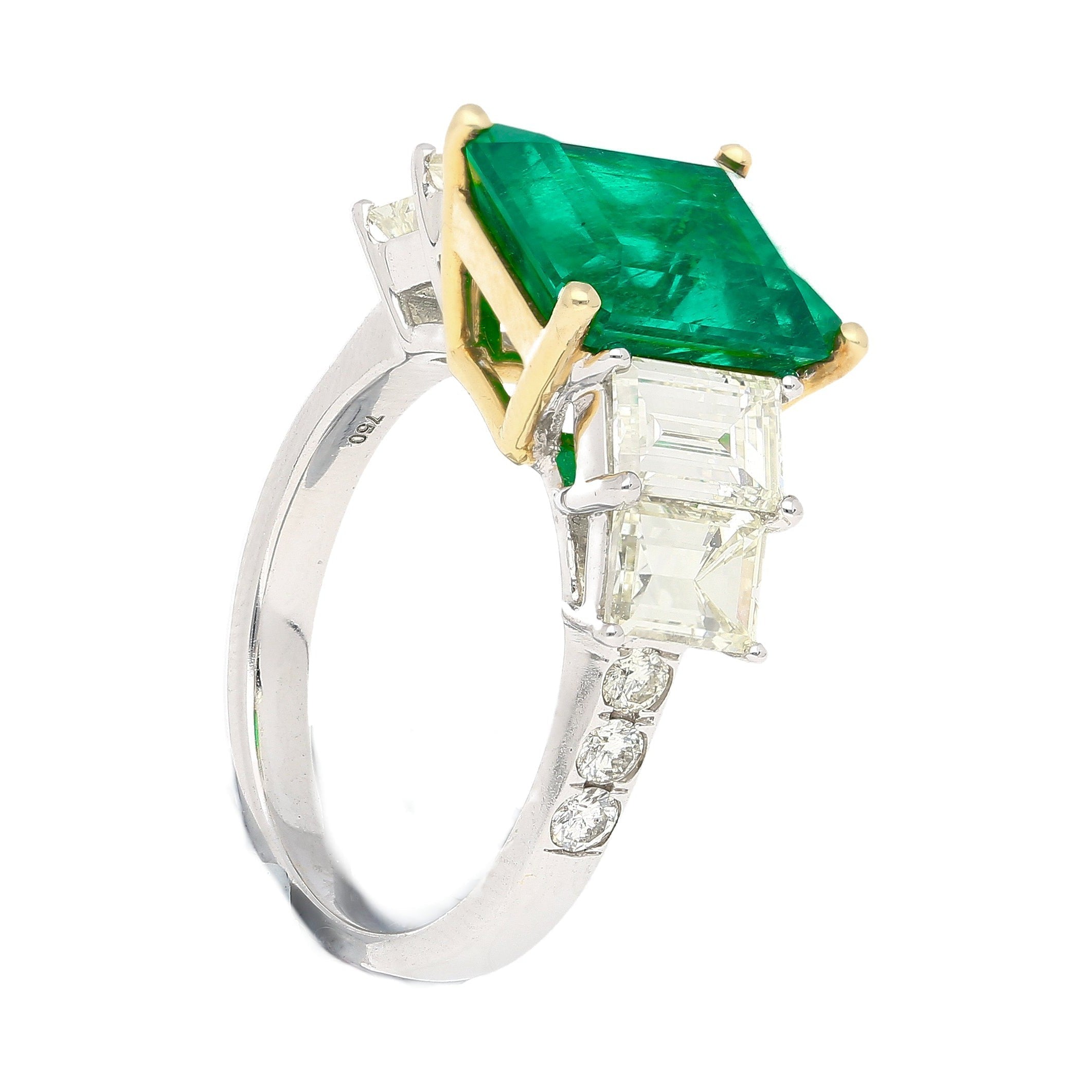 4.26 Carat Vivid Green Colombian Muzo Mine Emerald & Emerald Cut Side Diamond Ring-Rings-ASSAY