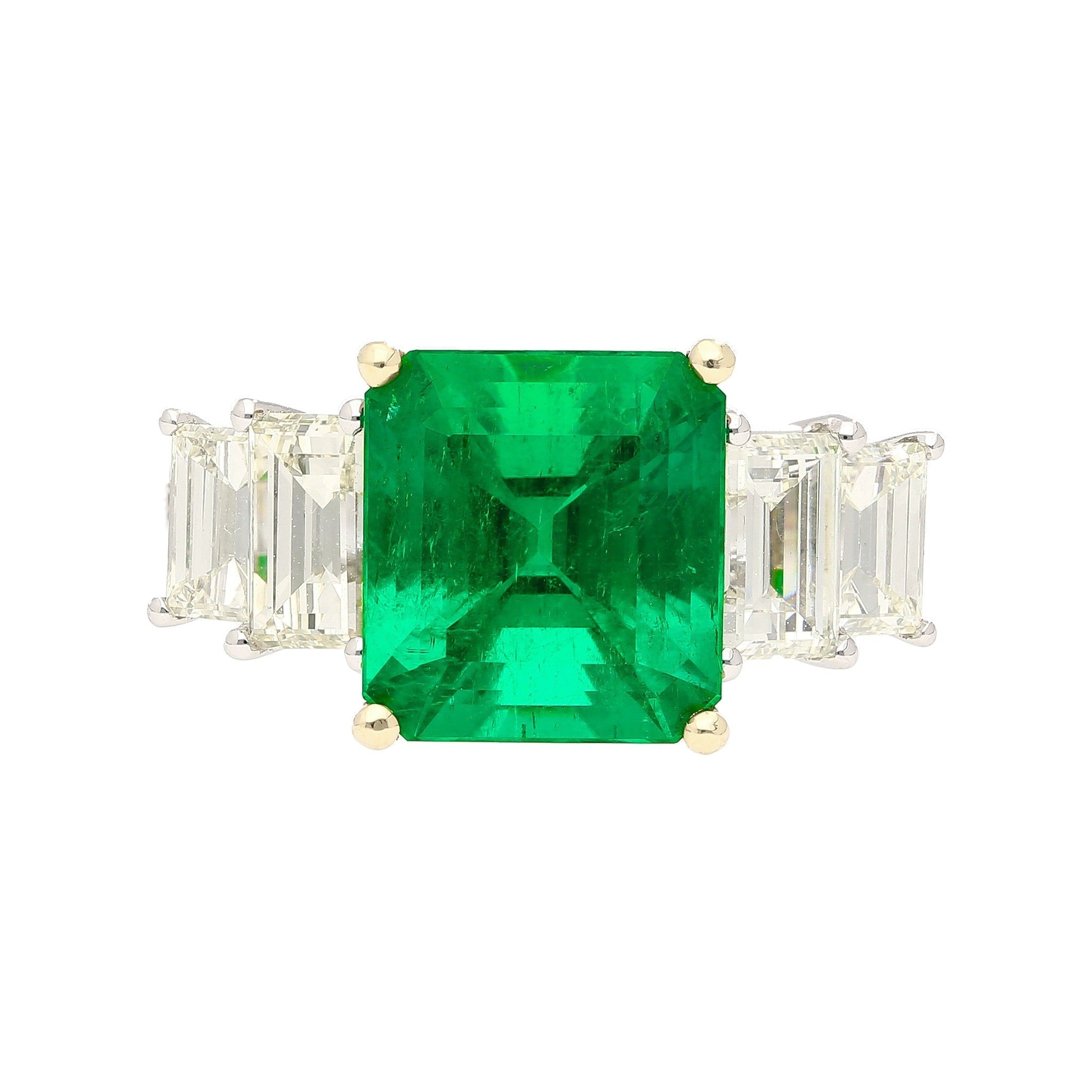 4.26 Carat Vivid Green Colombian Muzo Mine Emerald & Emerald Cut Side Diamond Ring-Rings-ASSAY