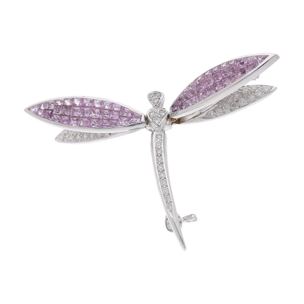 4.29 Carat Pink Sapphire & Diamond 18K White Gold Dragonfly Brooch Pin Pendant