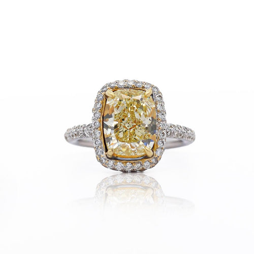 4.36 Carat Elongated Cushion Fancy Yellow Diamond Halo 18K Engagement Ring