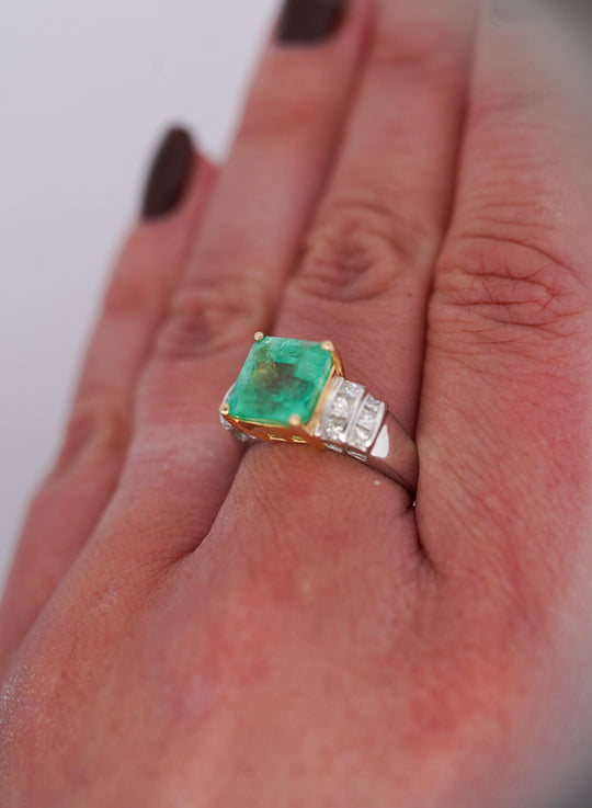 4.39 Carat Emerald Cut Green Emerald & Princess Cut Diamond 18K Two Tone Ring