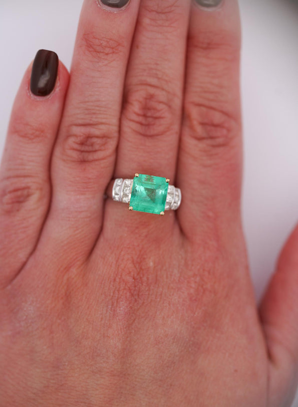 4.39 Carat Emerald Cut Green Emerald & Princess Cut Diamond 18K Two Tone Ring