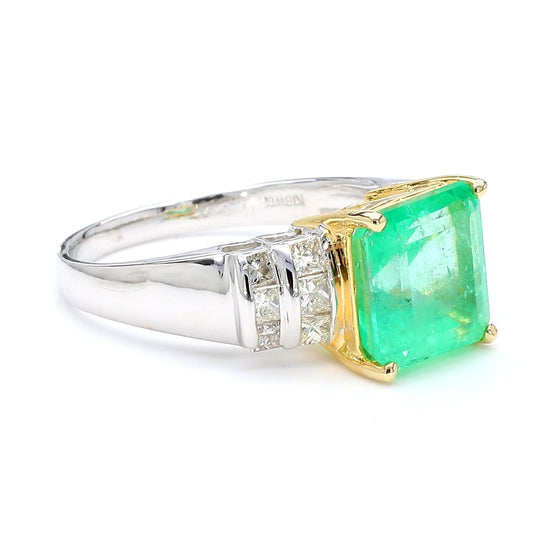 4.39 Carat Emerald Cut Green Emerald & Princess Cut Diamond 18K Two Tone Ring