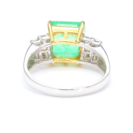 4.39 Carat Emerald Cut Green Emerald & Princess Cut Diamond 18K Two Tone Ring