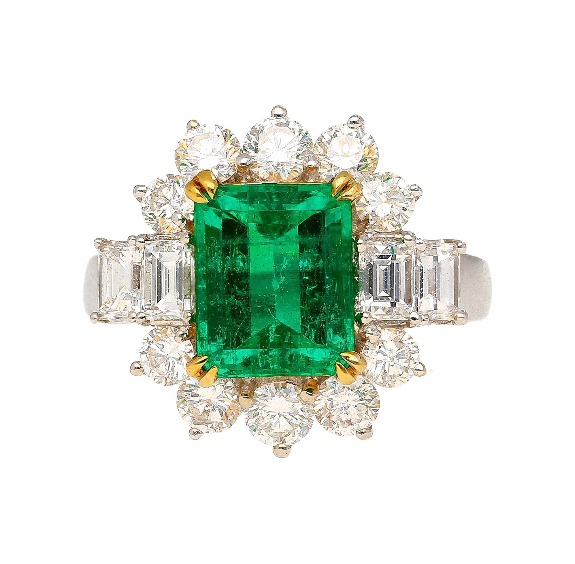 4.42 Carat TW Colombian Emerald with Round & Emerald Cut Diamonds Sides in 18K White Gold-Rings-ASSAY