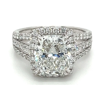 4.44 Carat F/VVS2 Cushion Cut Lab Grown Diamond in 3 Row Split Shank Diamond Halo Ring – Assay Jewelers