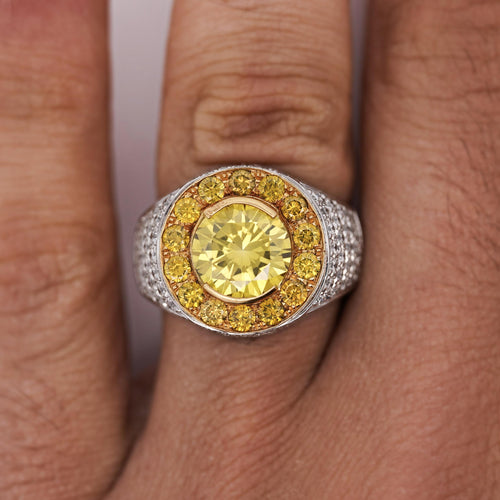 4.44 Carat Round Cut Yellow Diamond 18K Gold Halo Mens Ring