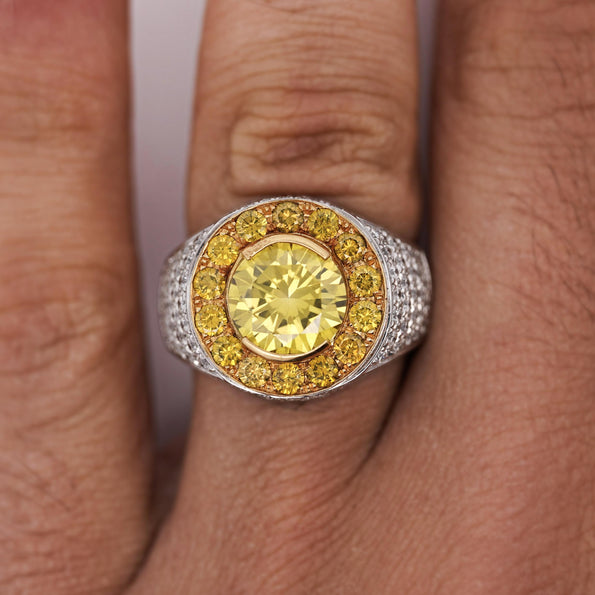 4.44 Carat Round Cut Yellow Diamond 18K Gold Halo Mens Ring