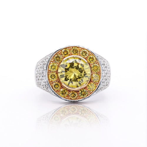 4.44 Carat Round Cut Yellow Diamond 18K Gold Halo Mens Ring