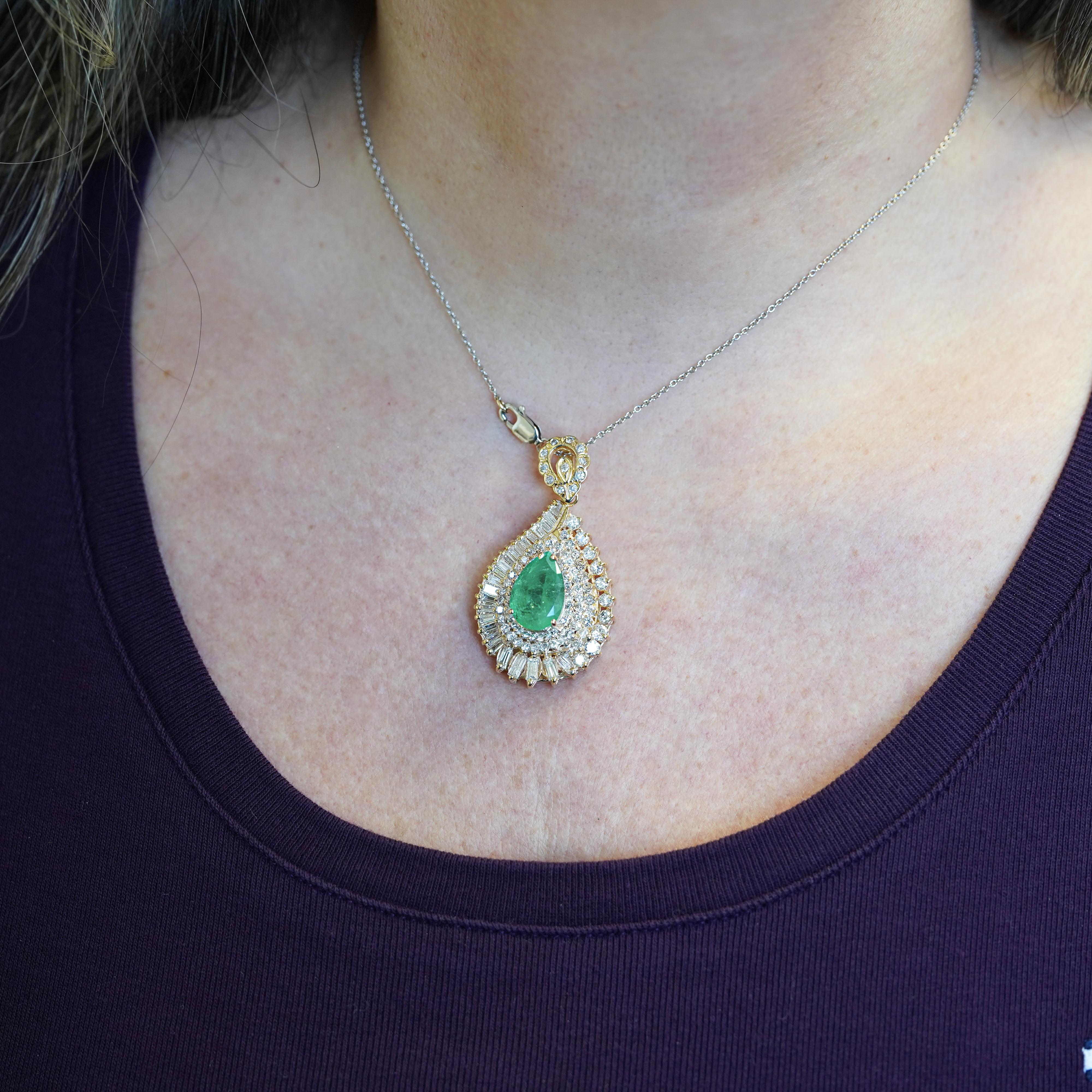 4.5 Carat Pear Cut Colombian Emerald & Diamond 18K Gold Pendant Necklace