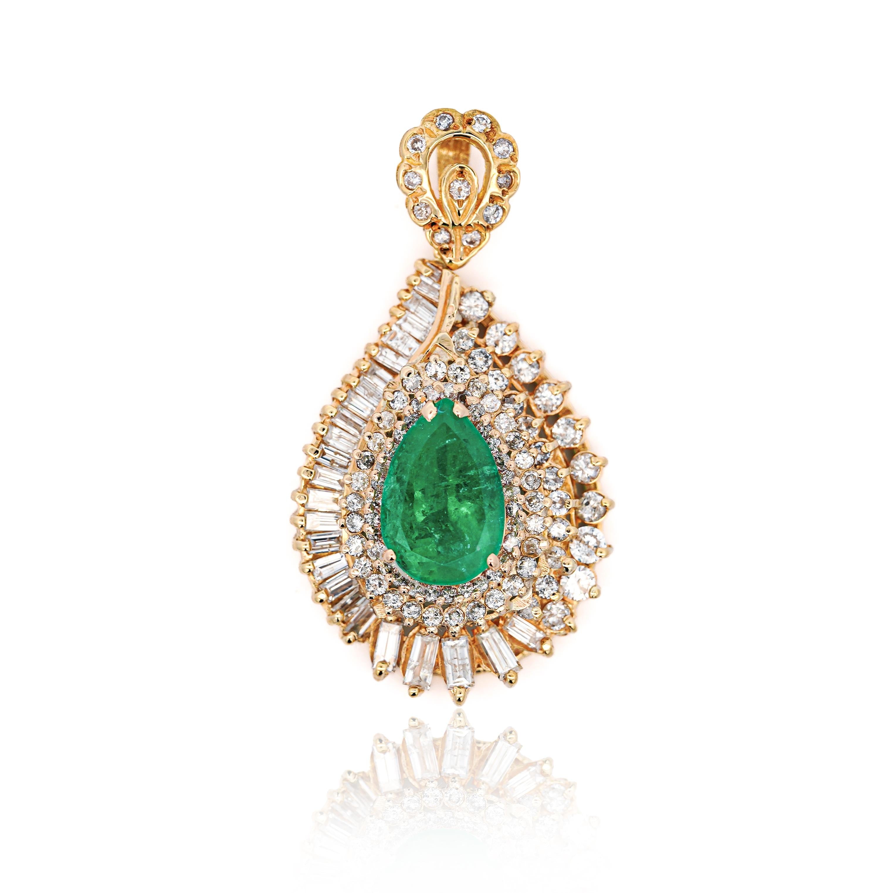 4.5 Carat Pear Cut Colombian Emerald & Diamond 18K Gold Pendant Necklace