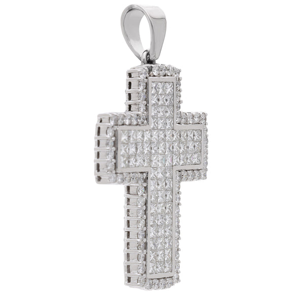 4.52 Carat Princess & Round Diamond 18K White Gold Pave Cross Pendant Necklace