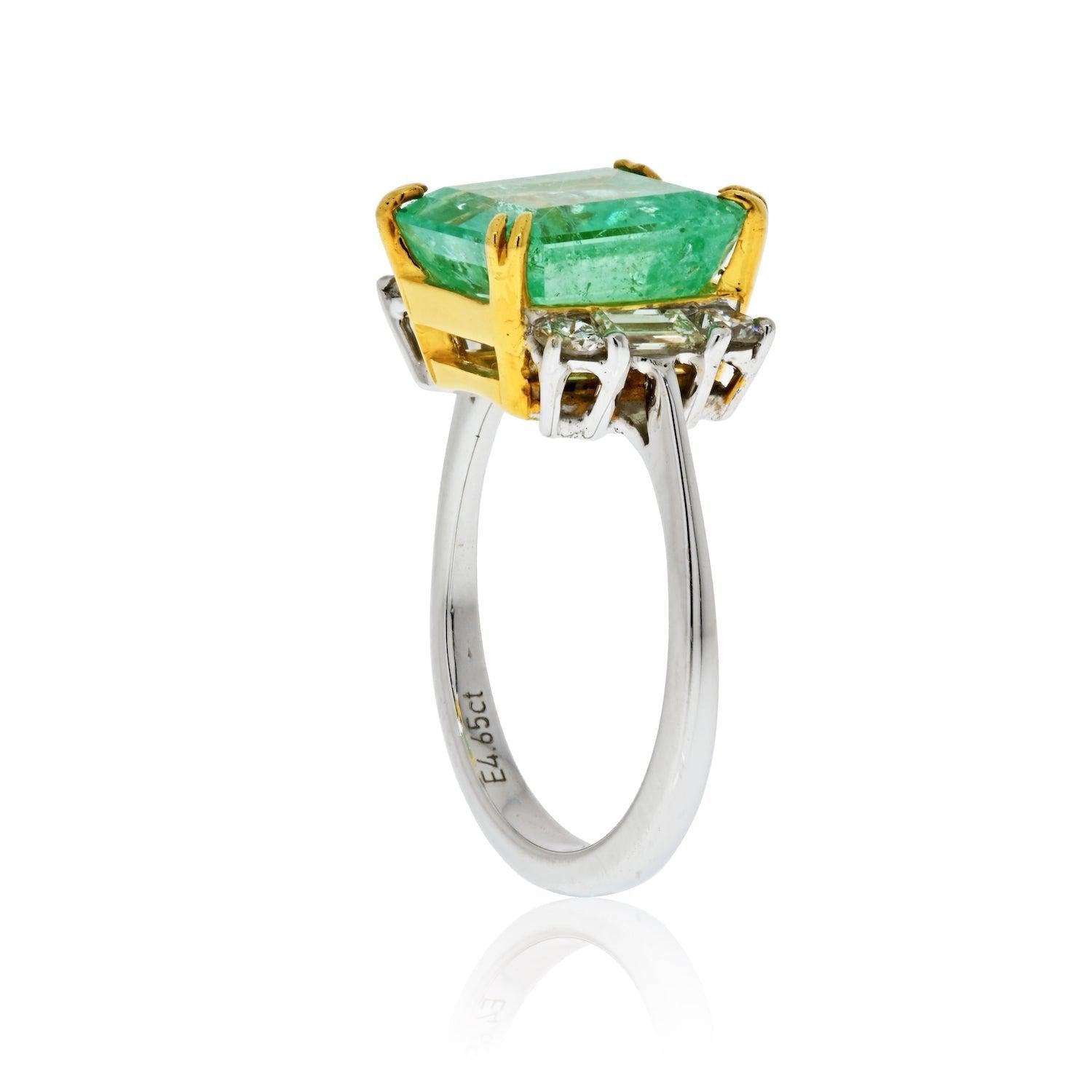 4.65 Carat Emerald Cut Colombian Emerald Ring in Thin 18k White and Yellow Gold Ring - ASSAY