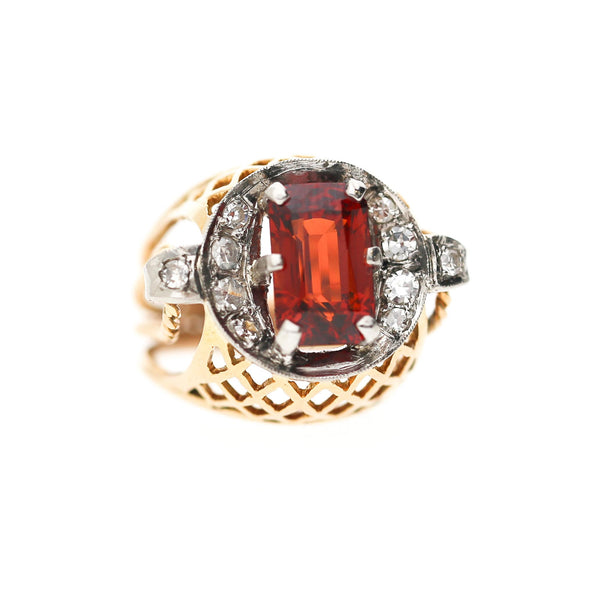 4.65 Carat Spessartine Garnet Diamond Lattice Wide Band 18K Two Tone Gold Ring