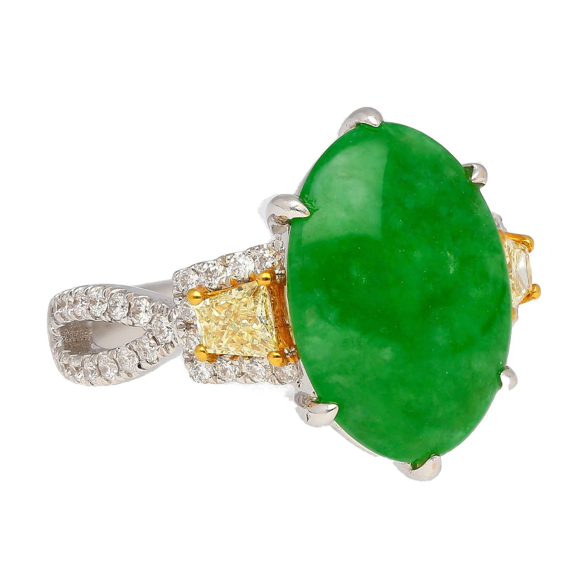 4.76 Carat Jadeite Jade with Trapezoid Cut Yellow Diamond Side Stone Ring in 18k White Gold-Rings-ASSAY