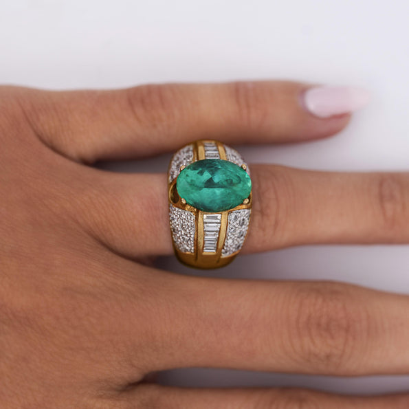 4.9 Carat Oval Colombian Emerald & Diamond 18K Gold Dome Ring