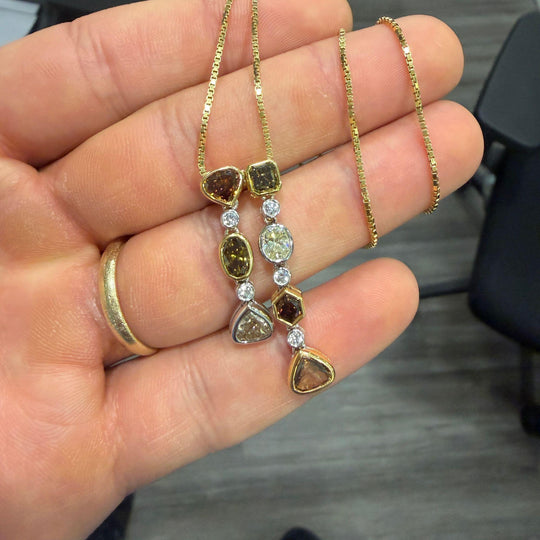 5 Carat Fancy Multicolor Diamond in 18K Two Tone Gold Dual Drop Pendant Necklace