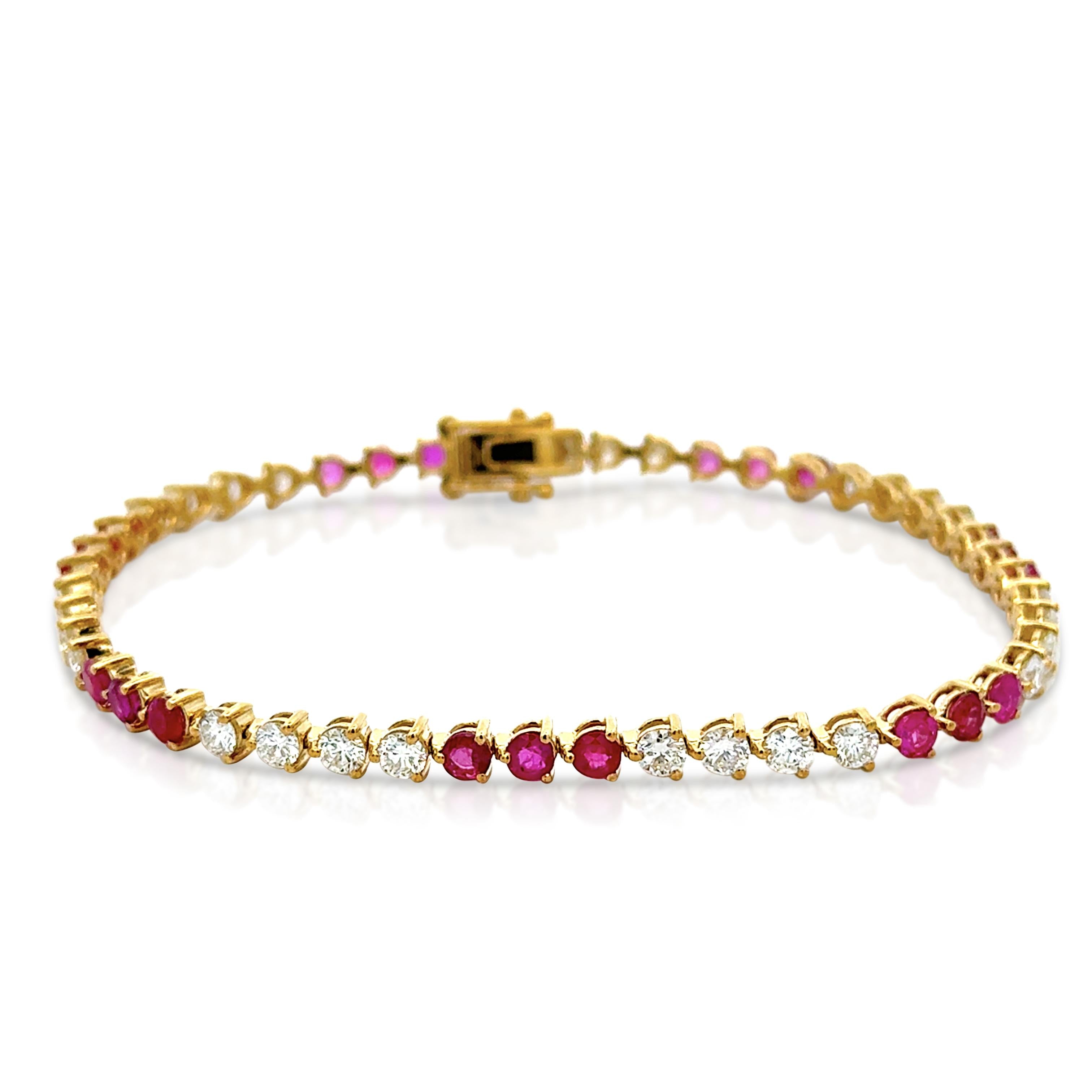 5 Carat Ruby and Lab Grown Diamond 3-Prong 14K Gold Tennis Bracelet