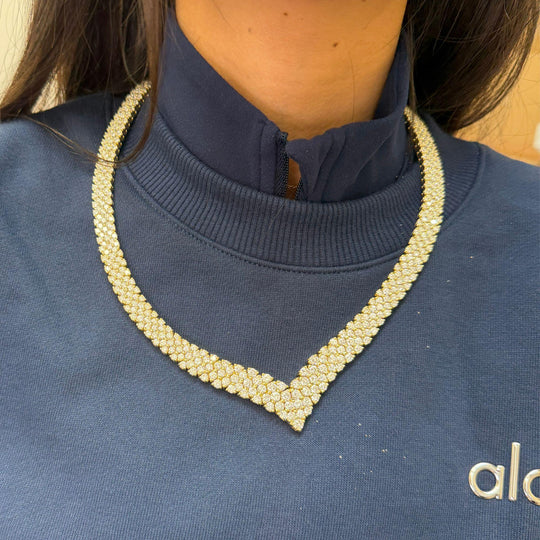 50 Carat Round Brilliant Diamond in 18K Yellow Gold Three Row V Shape Necklace