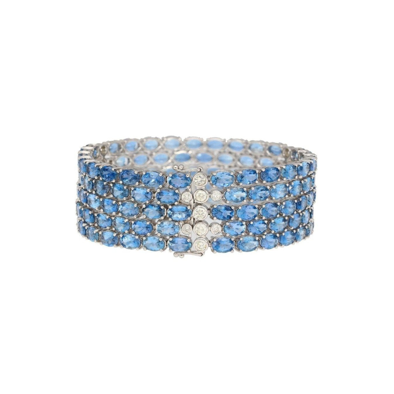 53 Carat Oval Cut Aquamarine and Diamond Multi Row Tennis Bracelet in 18K White Gold-Bracelet-ASSAY