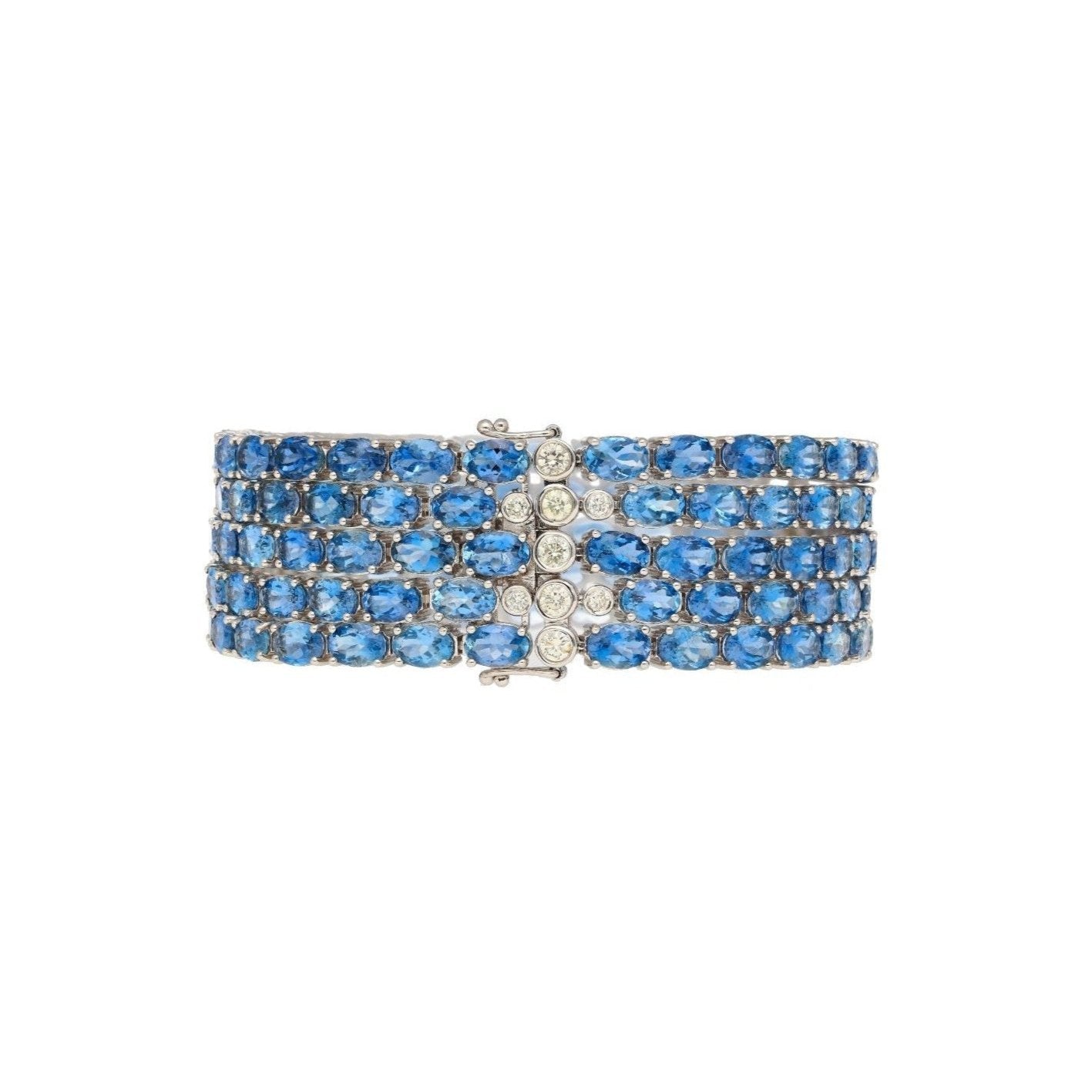 53 Carat Oval Cut Aquamarine and Diamond Multi Row Tennis Bracelet in 18K White Gold-Bracelet-ASSAY