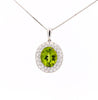 5.03 Carat Oval Cut Peridot Pendant with Round Cut Diamond Halo in 18K White Gold