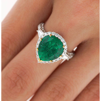 5.12 Carat Pear Cut Colombian Emerald Ring with Baguette Diamond Sides in 18K Gold – Assay Jewelers