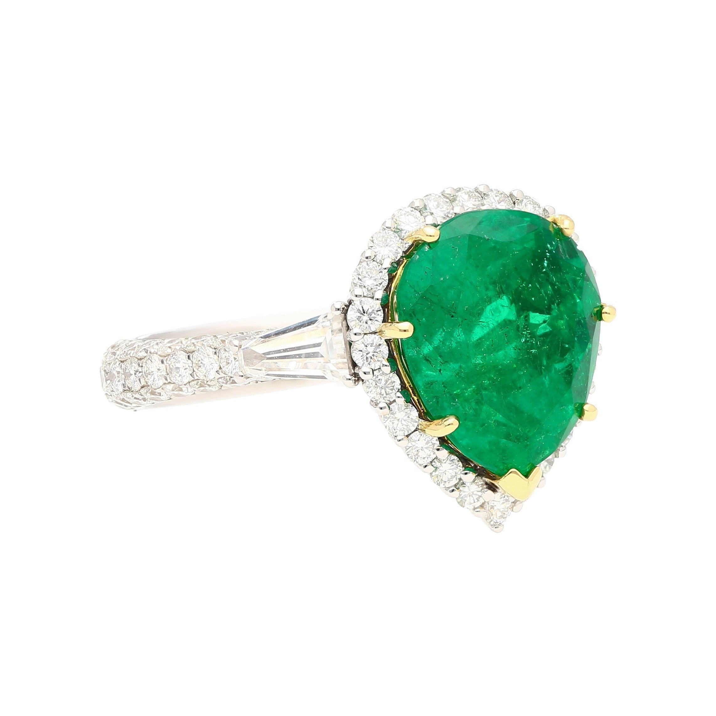 5.12 Carat Pear Cut Colombian Emerald Ring with Baguette Diamond Sides in 18K Gold-Rings-ASSAY