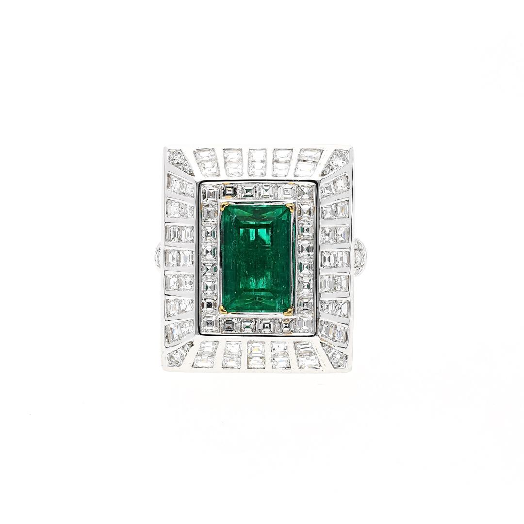 5.17 Carat Colombian Emerald & Baguette Diamond Rectangle Art Deco Frame Ring