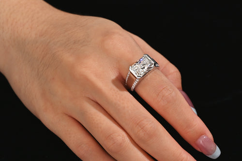5.28 Carat Radiant Cut Vivid Pink Lab Diamond East West Half Bezel Ring