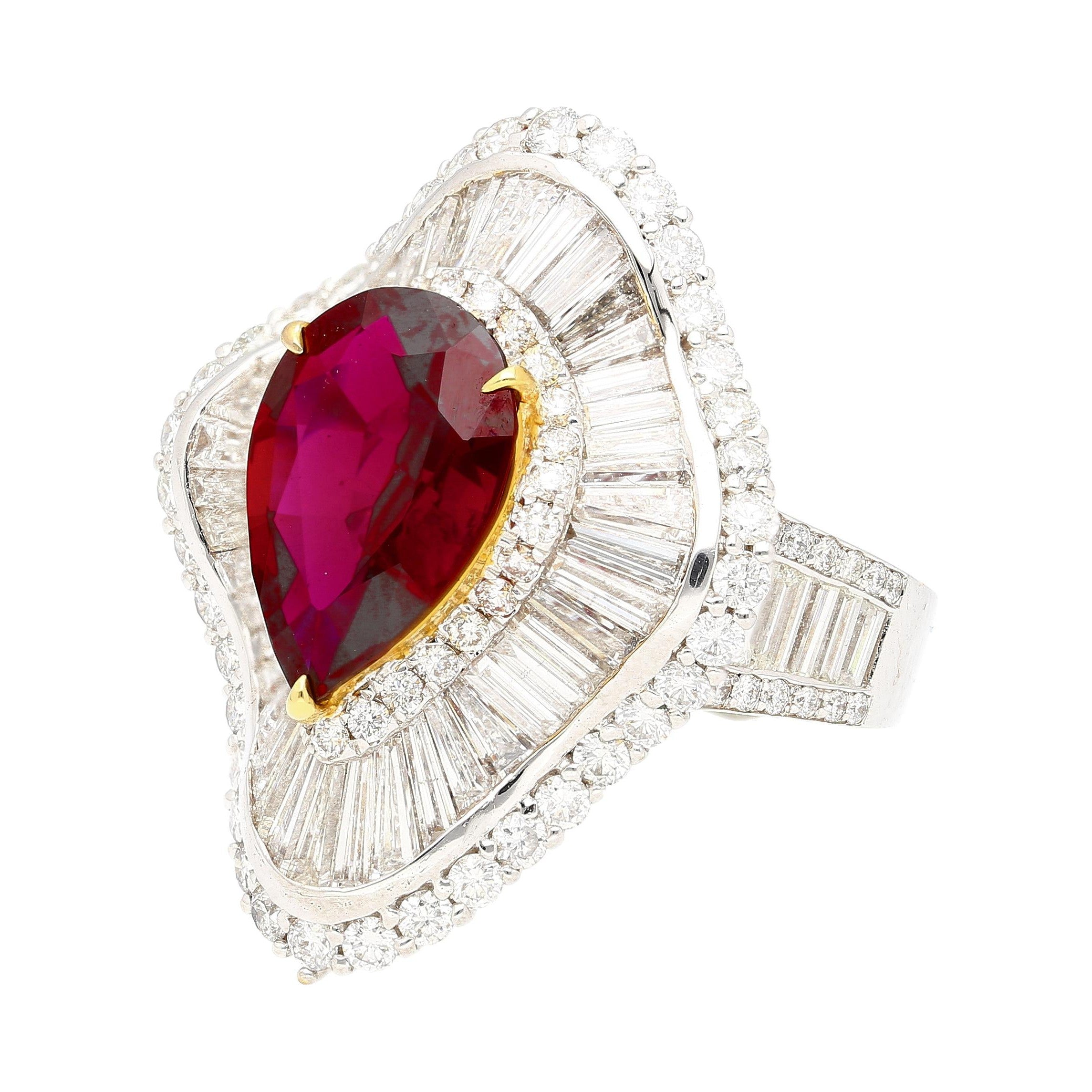 Ballerina Ring 5.3 Carat Pear Cut Siam Ruby & Baguette Diamond 18k White Gold