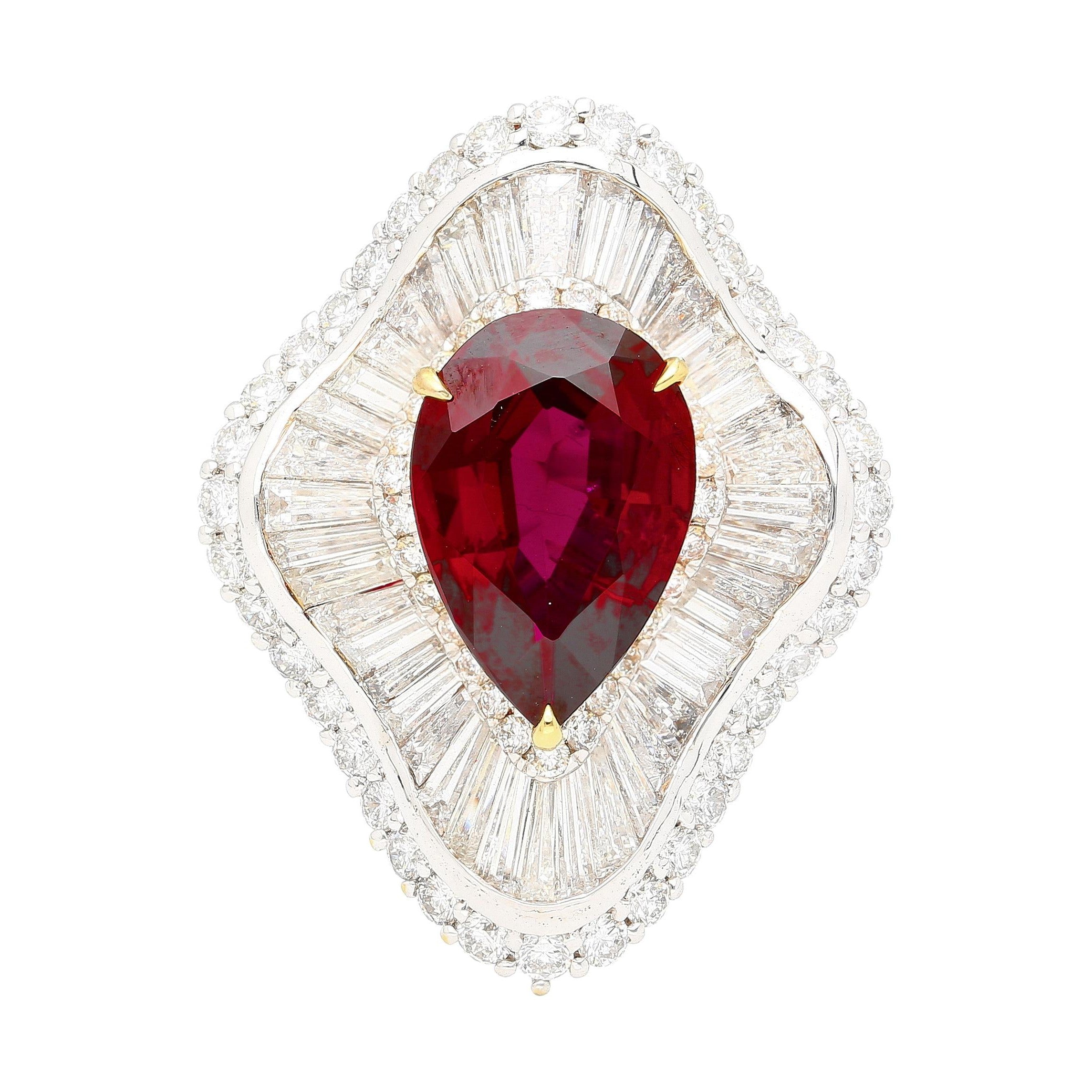 Ballerina Ring 5.3 Carat Pear Cut Siam Ruby & Baguette Diamond 18k White Gold