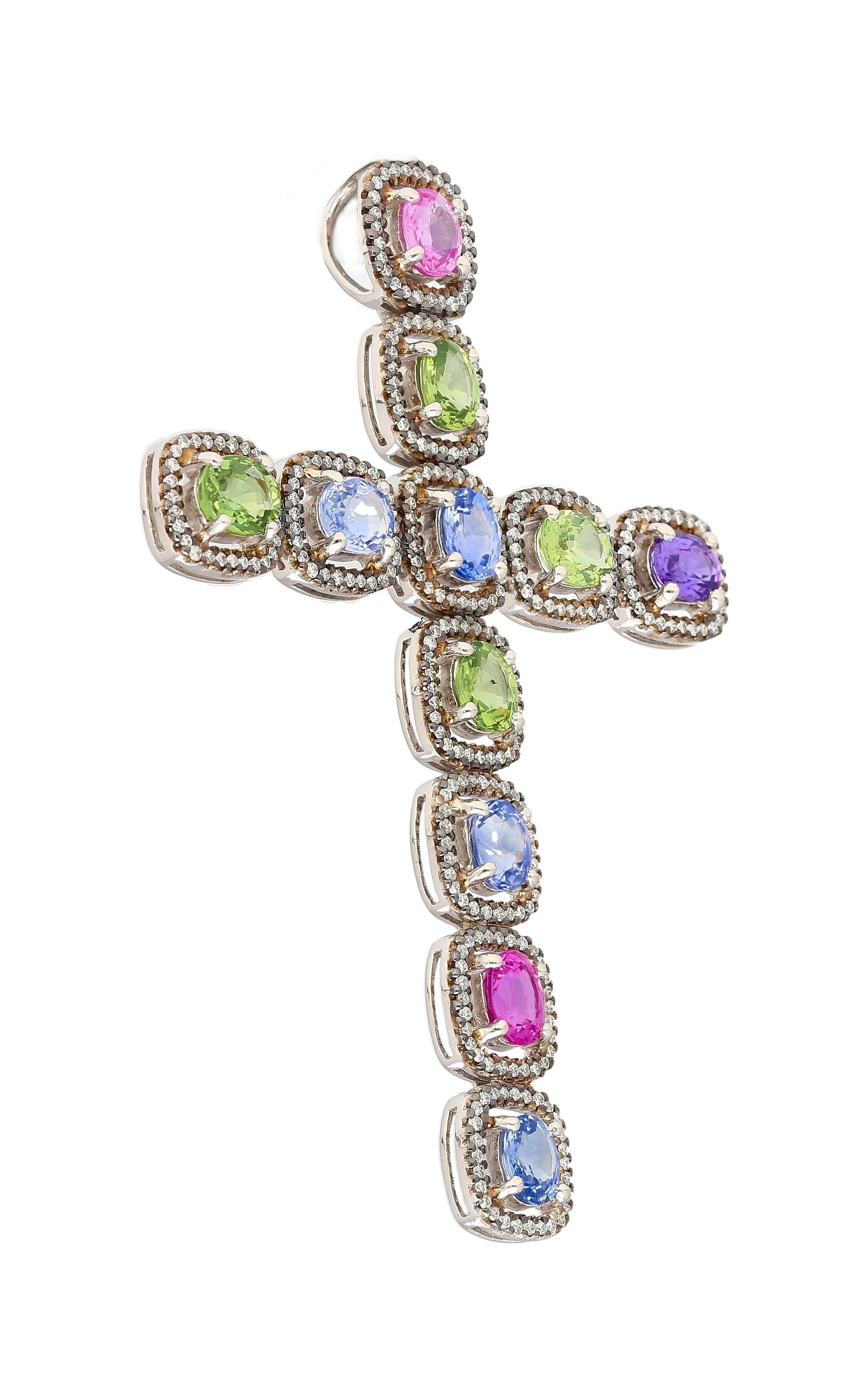 5.39 Carat Multicolored Natural Sapphire & Diamond Cross Pendant