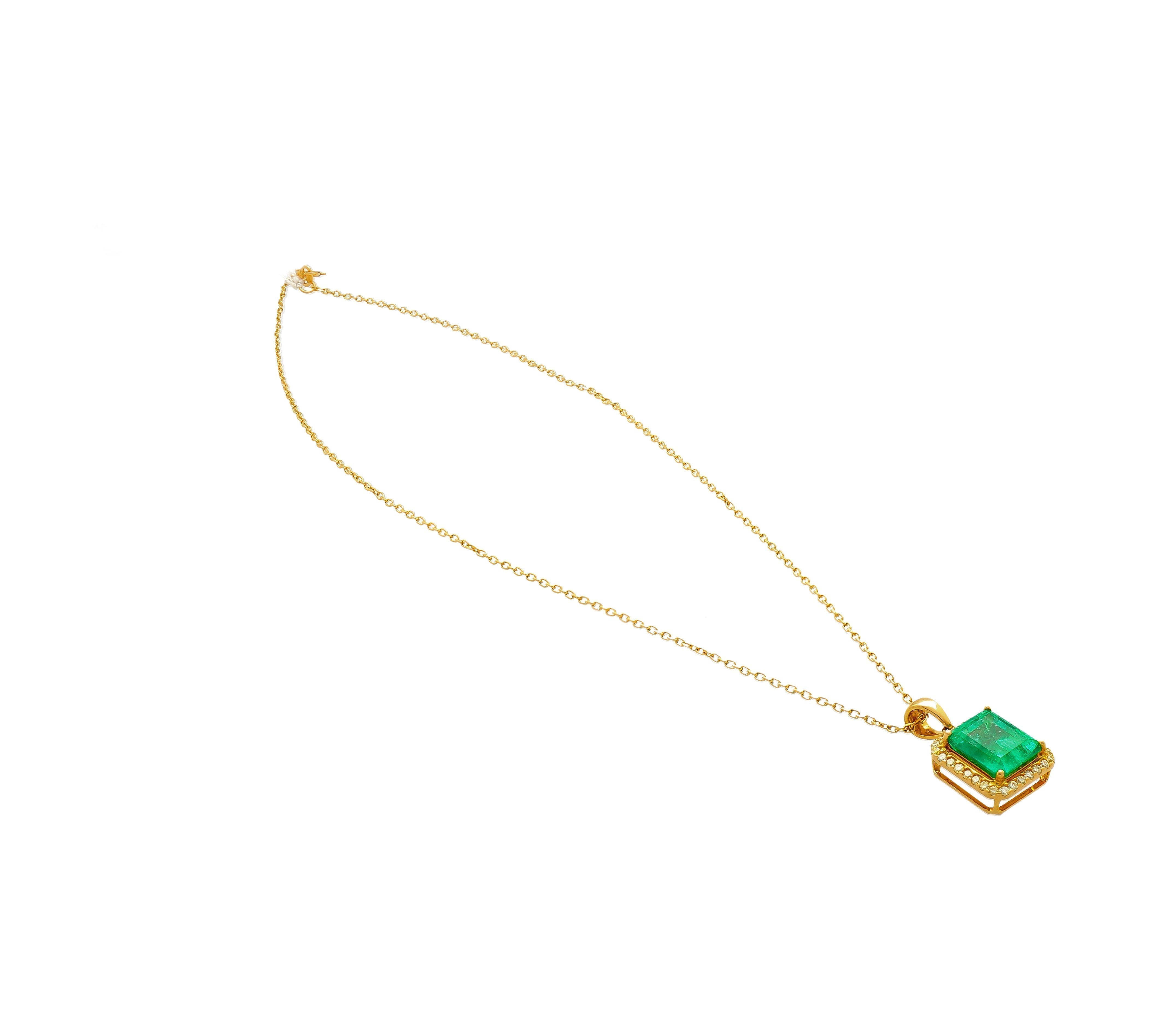 5.42 Carat Natural Emerald Pendant Necklace with Yellow Diamond Halo in 18k Gold-Necklace-ASSAY