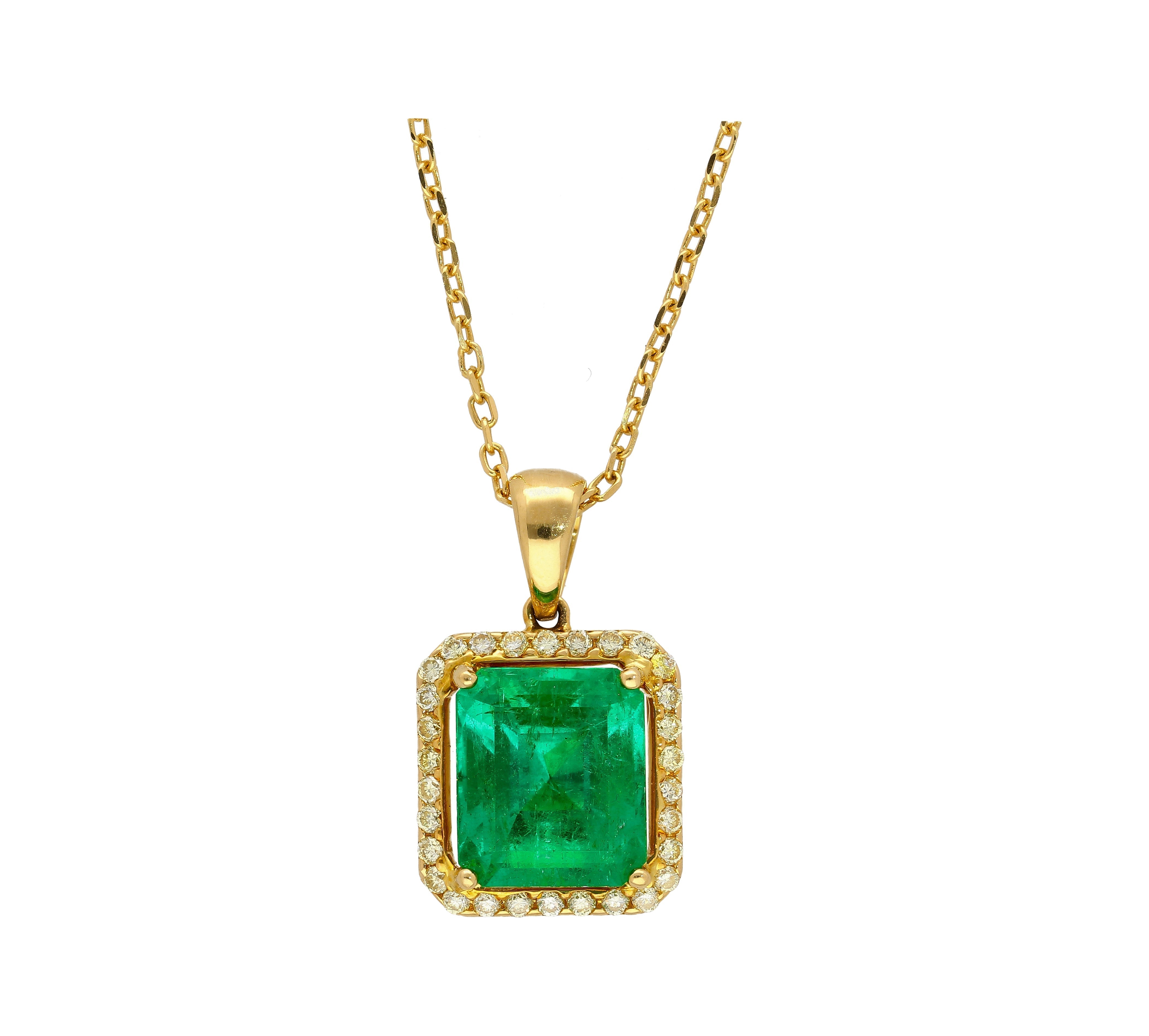 5.42 Carat Natural Emerald Pendant Necklace with Yellow Diamond Halo in 18k Gold-Necklace-ASSAY