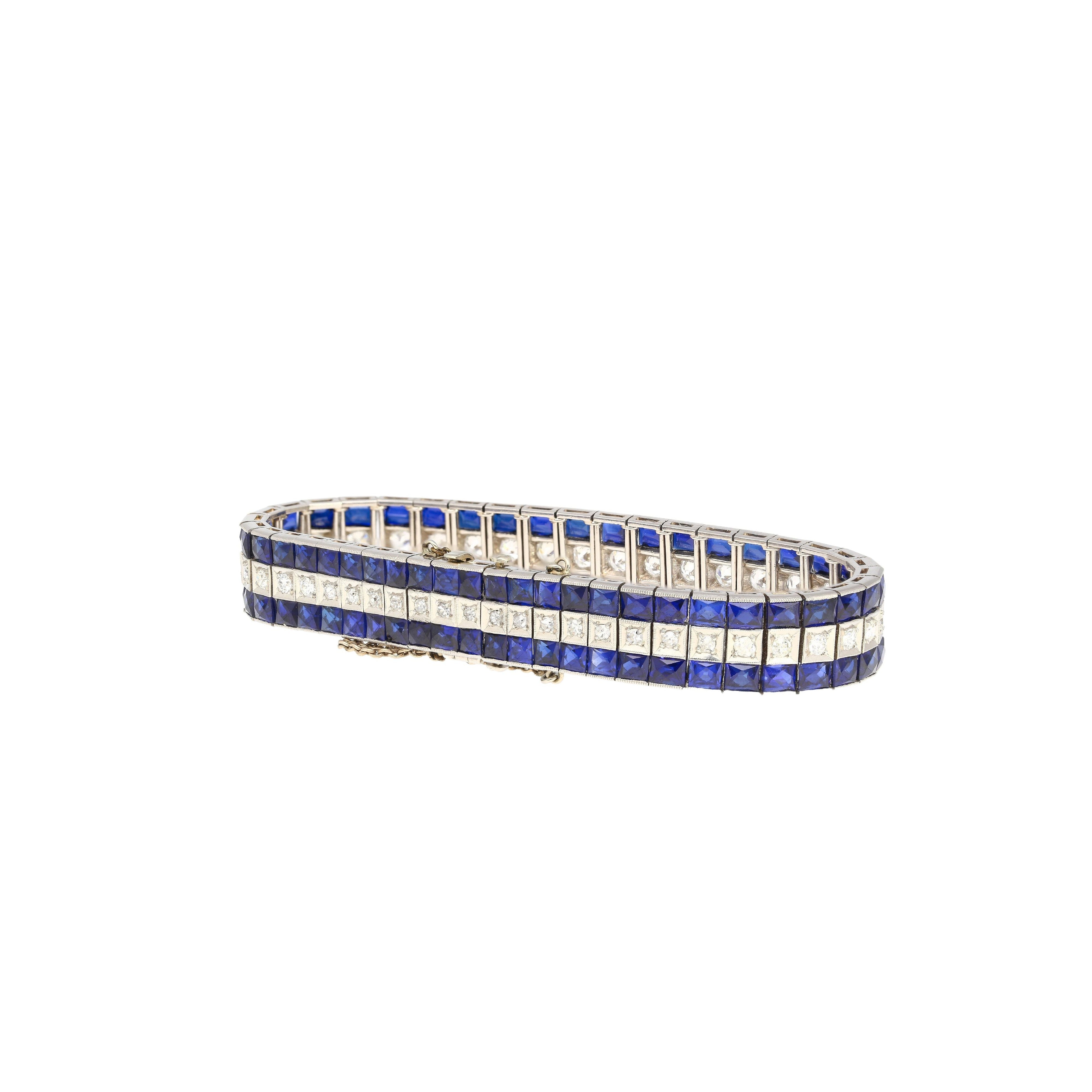 5.50 Carat Vintage Art Deco Platinum Bracelet With Diamonds and Princess-Cut Blue Sapphires-Bracelet-ASSAY