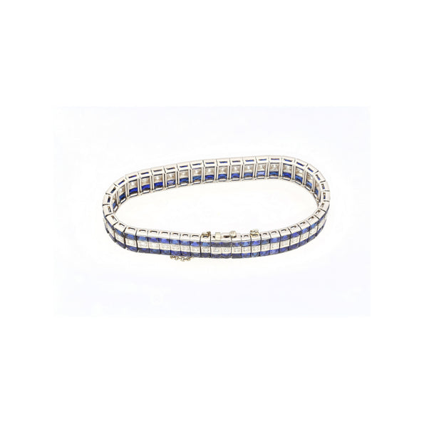 5.50 Carat Vintage Art Deco Platinum Bracelet With Diamonds and Princess-Cut Blue Sapphires