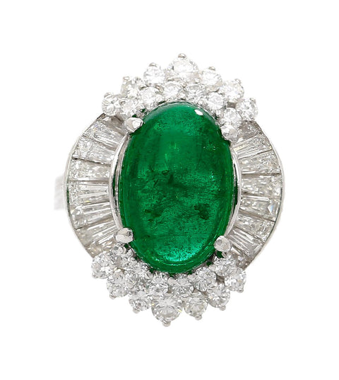 5.51 Carat Cabochon Cut Emerald & Diamond Platinum Ballerina Ring