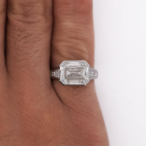 5.53 Carat Emerald Cut Lab Grown Diamond Half Bezel White Gold Ring
