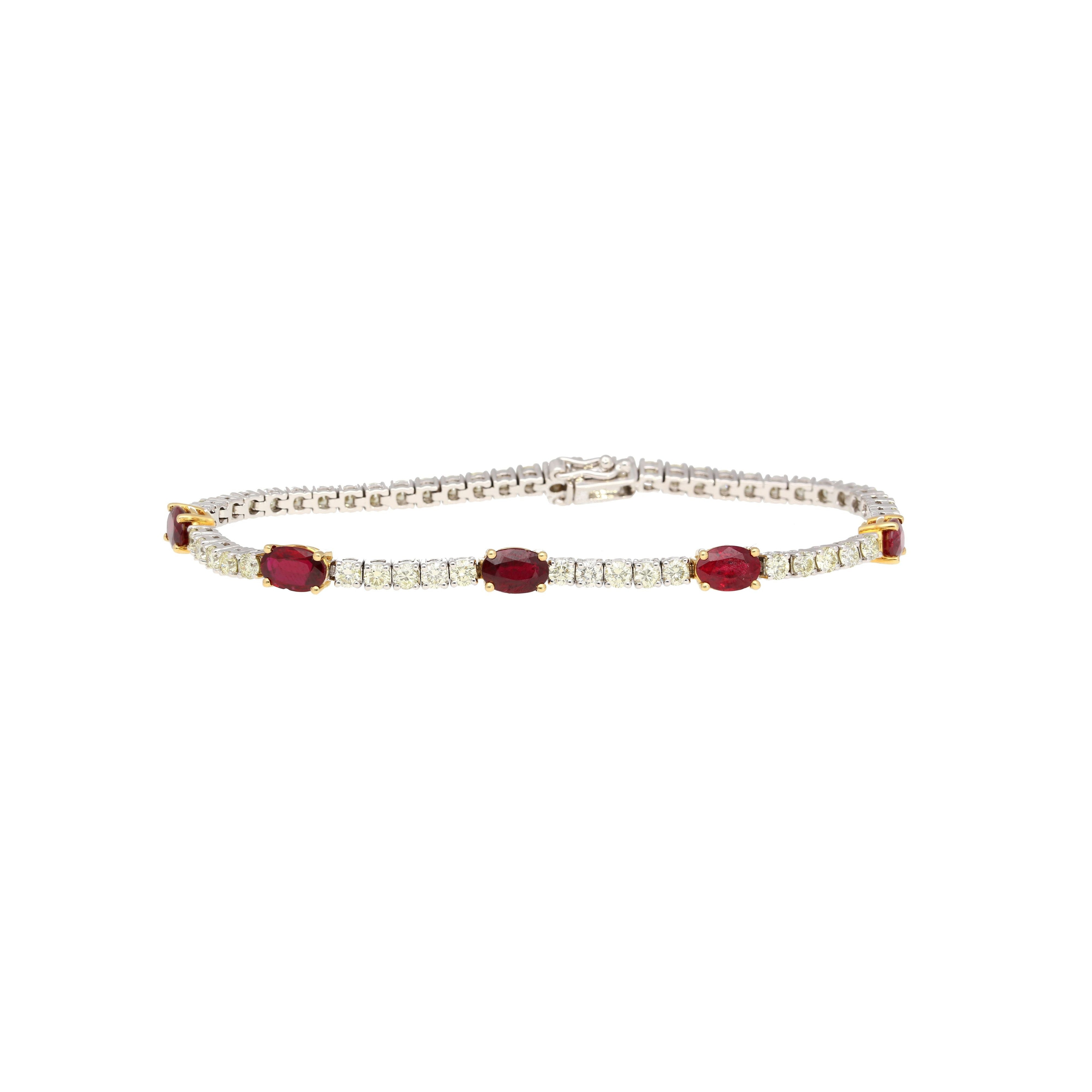 5.54 Carat Oval Cut Ruby and Diamond Tennis Bracelet in Two Tone 18K Gold-ASSAY